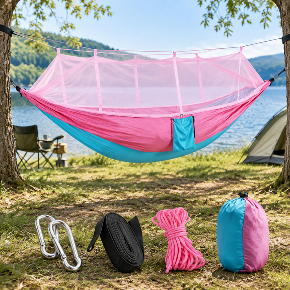 1-2 Person Portable Camping Hammock with Mosquito Net, Lightweight Nylon for Outdoor/Indoor Use