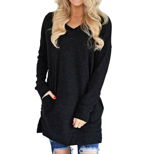 TWY Women Casual V-Neck Solid Color Long Sleeves Sweatshirt Tunics Blouse  Tops with Pockets - Walmart.com