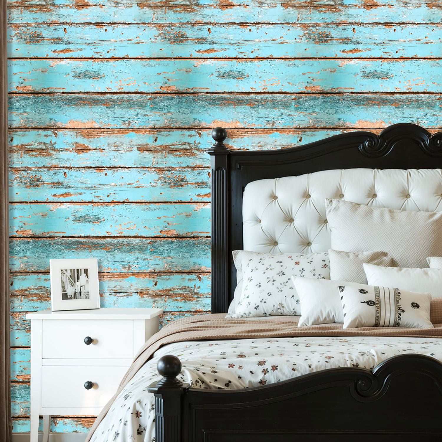 Peel and Stick Wallpaper Distressed Turquoise Wooden Planks Texture Rustic Wall Mural 23.6in x 9.8ft Self Adhesive Removable Wall Paper Renter Friendly Wallpaper for Nursery Bedroom Cabinets