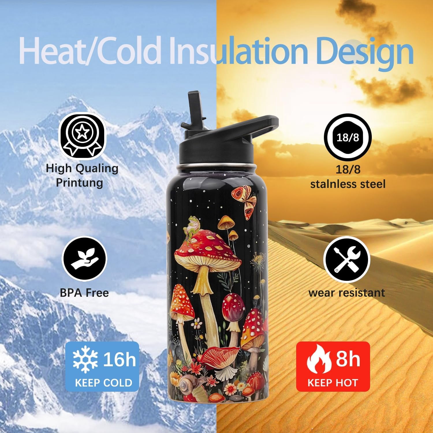 Insulated Water Bottle 32 oz, Cat Water Bottle with Straw and Lid, Reusable Leakproof Water Bottle Stainless Steel, Cat Lover Gifts for Women