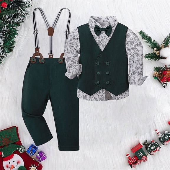 Toddler Boy Casual Clothing Set formal Clothes Suit 3-Piece Shirt Suspender Pants Bowtie Outfit Set Size 2-3T ,Green