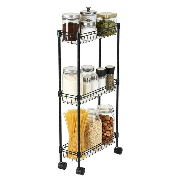 3-Tier Rolling Storage Cart, Metal Utility Cart on Wheels, Multi-Functional Adjustable Shelving Unit Basket Rack for Kitchen Office Bedroom Pantry Corner, 15.75x5.91x31.5 in, Black