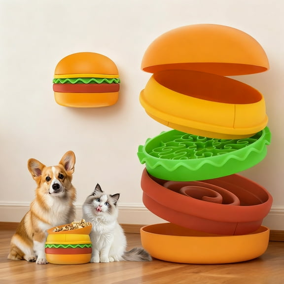 Dog Bowls 5PCS , 5-in-1 Burger Dog Bowls Set , Tilted Bowl, Elevated Bowl, Slow Feeder, Lick Mat, Non-slip Bowl