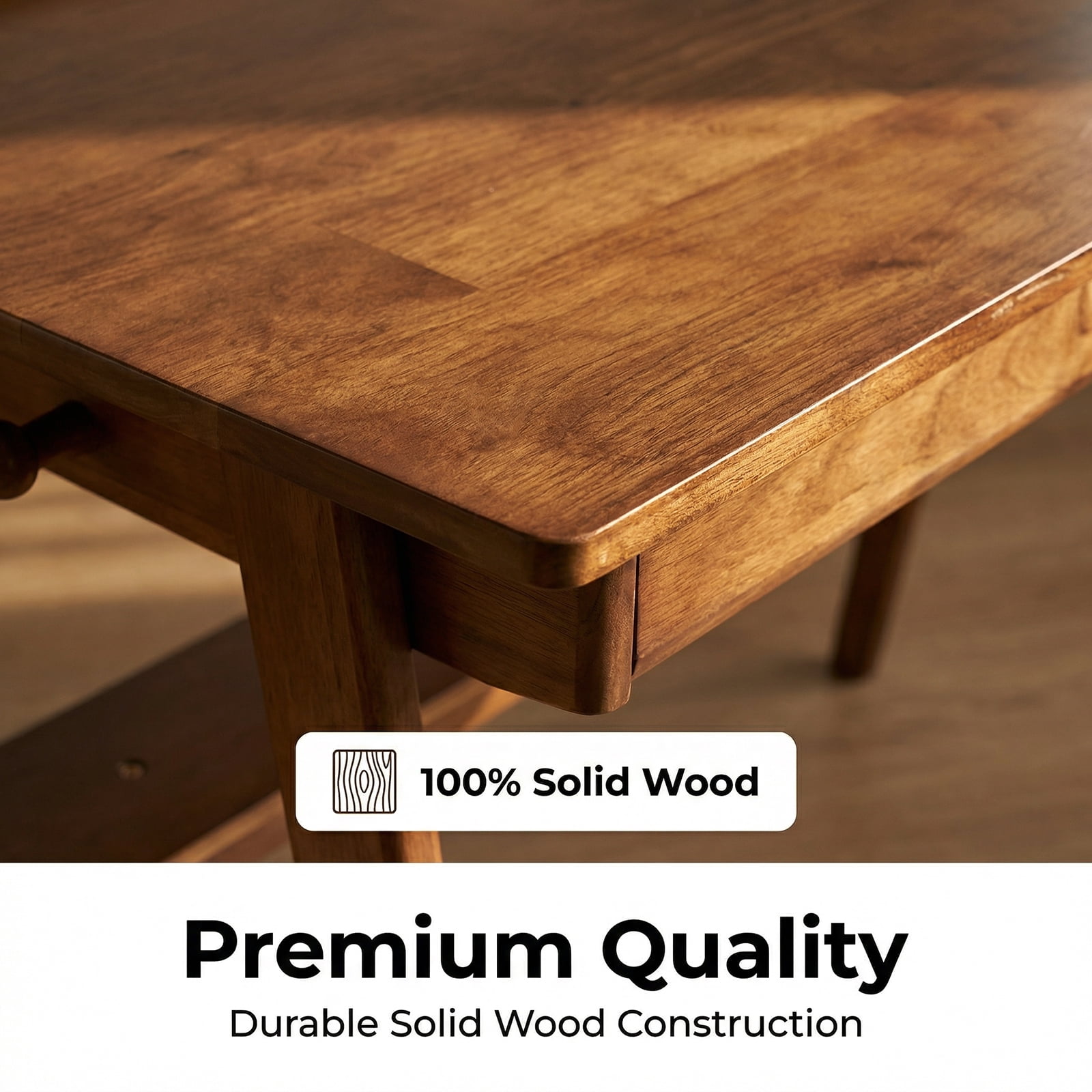 Solid Wood Writing Desk, Home Office Desk for Small Spaces, Mid Century Modern Desks with 2 Drawers & Storage Shelf, Standing Desk with Side Hooks for Study, Bedroom, Office (Walnut)