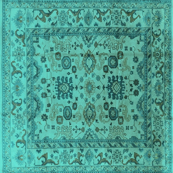 Ahgly Company Machine Washable Indoor Square Oriental Turquoise Blue Traditional Area Rugs, 3' Square