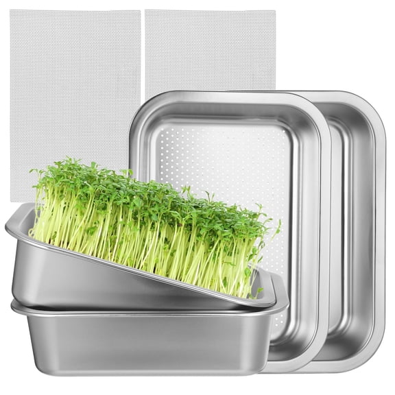 6 Pack Stainless Steel Growing Trays Set with 2 x Fine Mesh, 2 x Drain Basin, and 2 x Tray, 10.4 x 7.7 in Hydroponic Sprout Sprouter Trays Germination Kit for Sprouts, Cat Grass, Wheatgrass