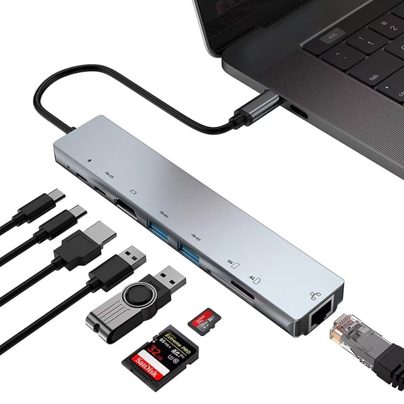 8-in-1 USB-C Hub Multiport Adapter - Type-C to HDMI 4K, Ethernet, USB 3.0, SD/TF Card Reader, PD Charging Dock for Laptops, Tablets & Gaming Consoles