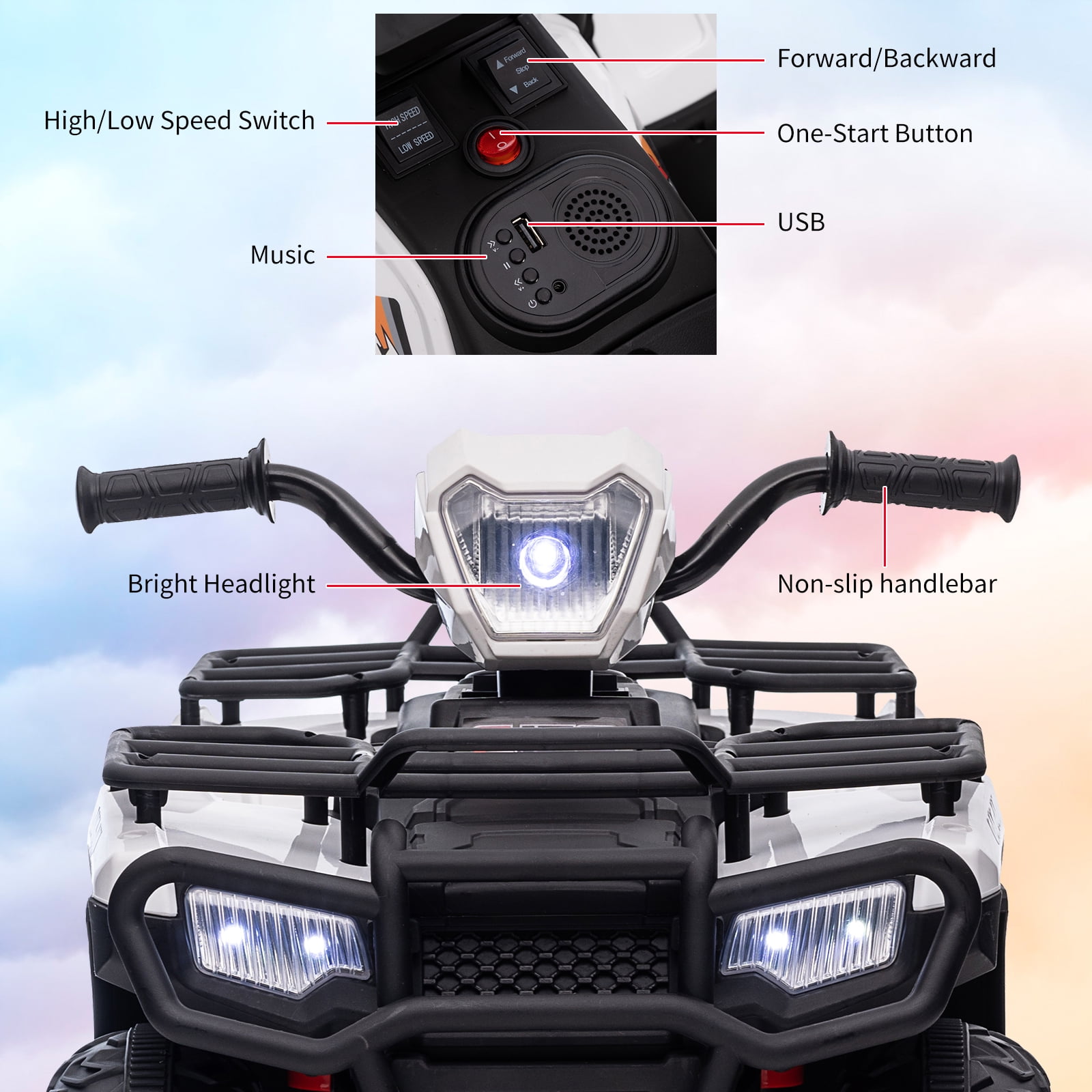 Telyswee 12V Kids Ride on ATV, Battery-Operated Car for Toddlers, High/Low Variable Speed Ride on Electric Vehicle with LED Light, Music, USB,1.5-2.2mph Safety Speed for Child Toy