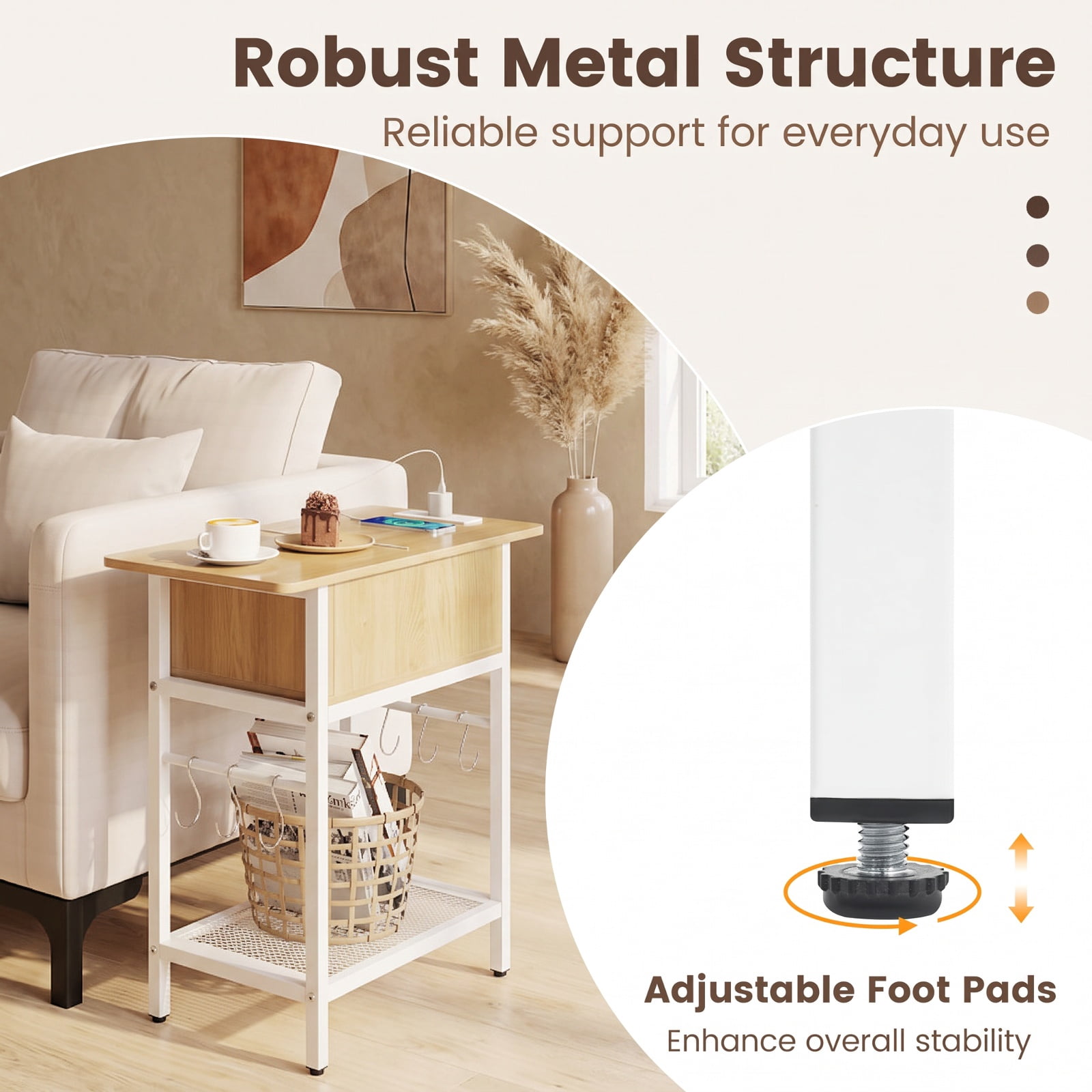 Furnibear End Table with Charging Station USB Ports Outlets and Flip Top Hidden Compartment for Living Room Bedroom and Sofa Side, Natural