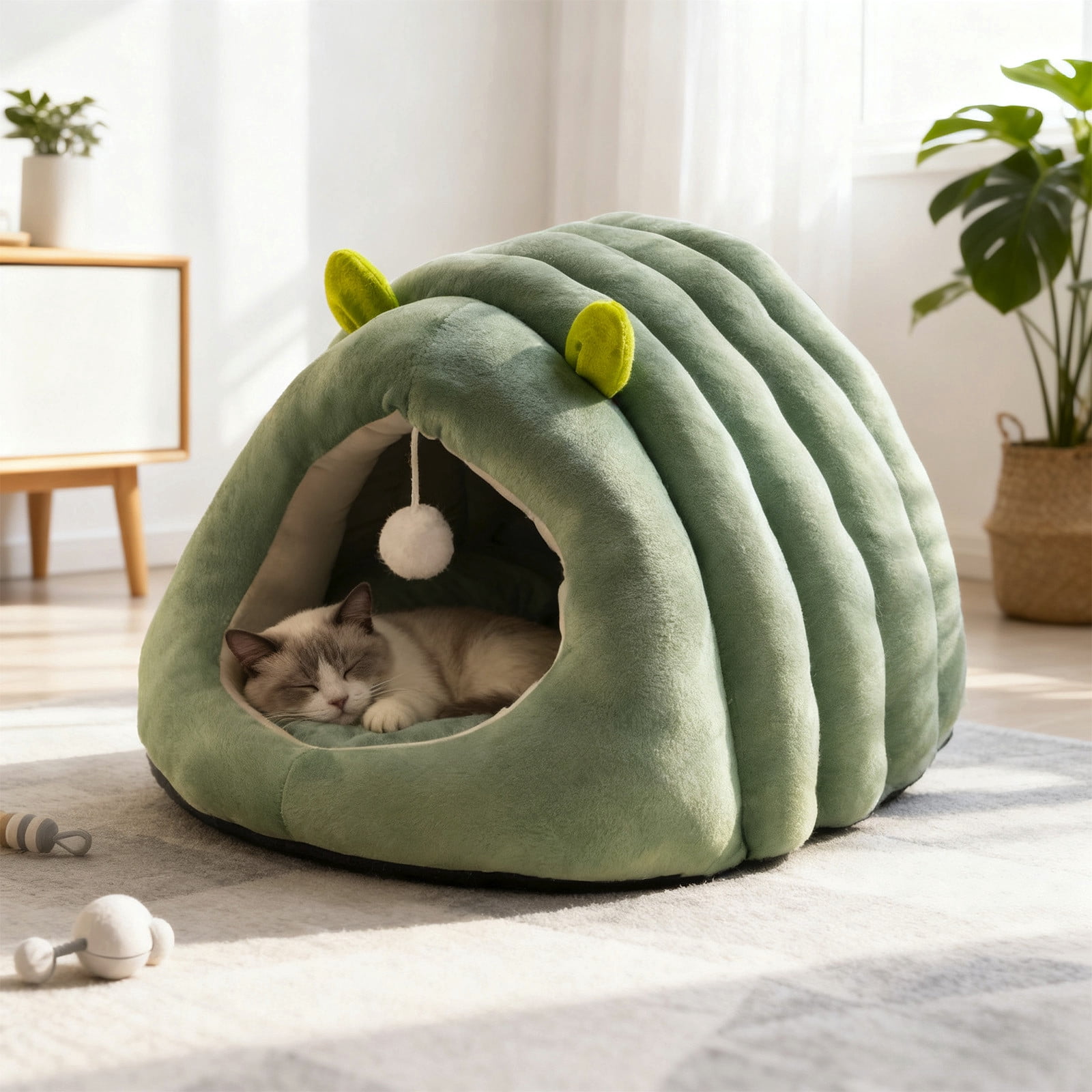 Green Upgraded Calming Pet Bed - Fluffy Plush Anti-Anxiety Cuddler Bed for Cats & Dogs, Warm Winter Snuggle Bed with Removable Cushion