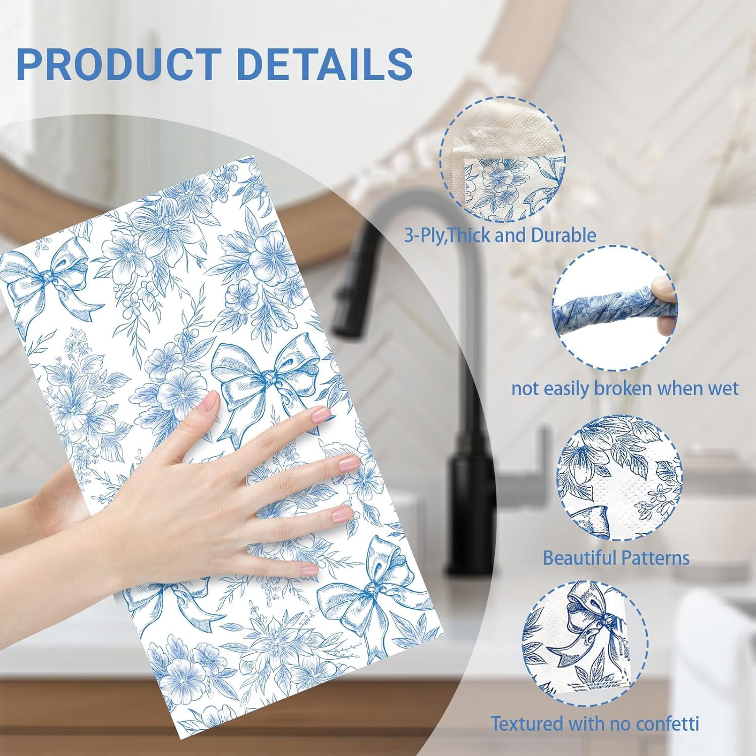 100 PCS Blue Napkins Disposable, Blue Floral Napkins, 3 Ply Printed Decorative Flower Guest Napkin, Chinoiserie Napkin, Bridal Shower Wedding Decorations, Birthday Table Party Supplies