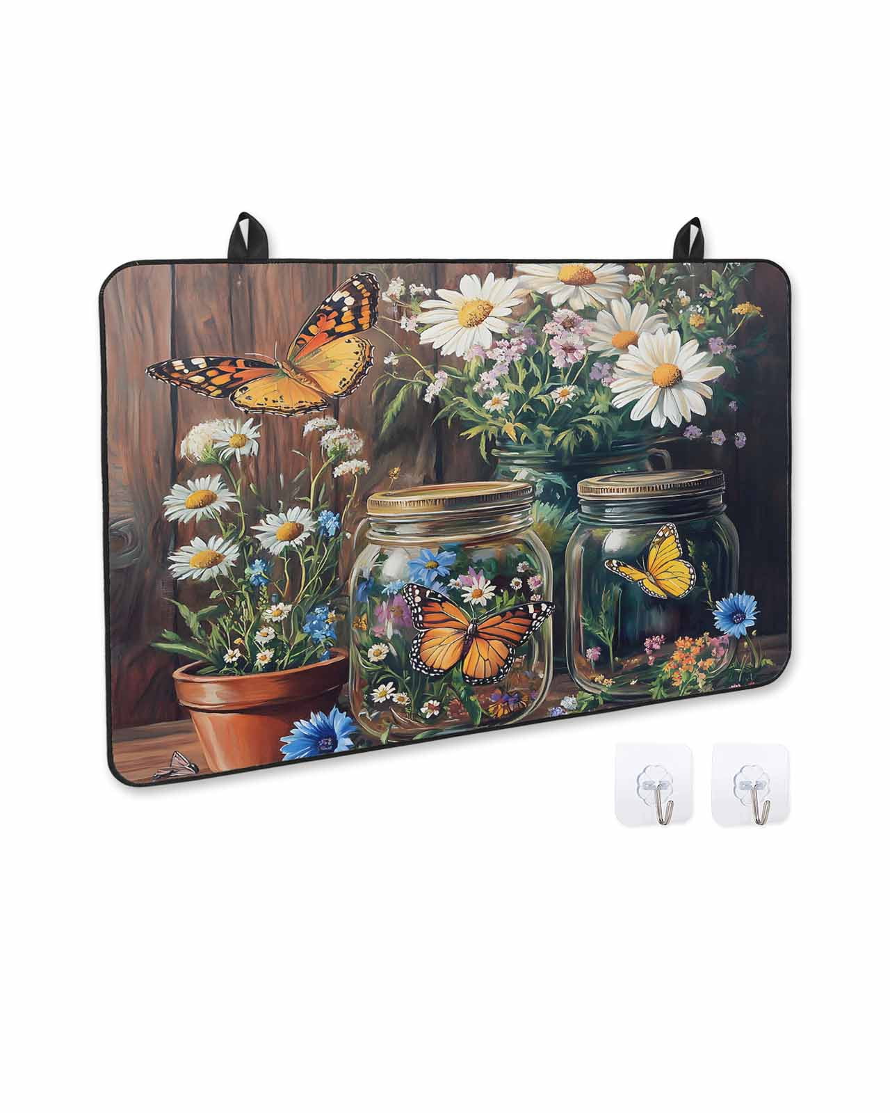 nqOlkjepod Large Induction Cooktop Protector Mat 36"x21", Butterfly Floral Stove Top Covers for Electric Stove, Country Daisy Wildflower Brown Barn Door Stove Burner Cover Mats Stove Cover