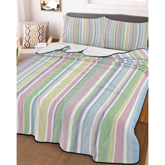 Colorful Striped Queen Size Down Alternative Comforter, Lightweight Comforter Quilt Bedding Set with Pillow Shams Farmhouse Rainbow Color Stripes All Seasons Bed Comforter Duvet Insert 90"x96"