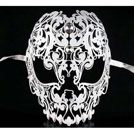 Men Devil Skull Laser Cut Metal Masquerade Mask White Color