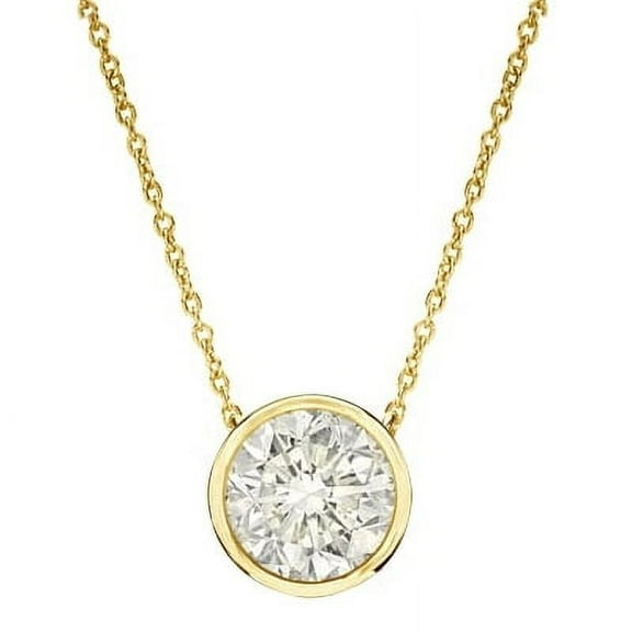 Bezel Set Solitaire Necklace with Artificial Round Brilliant Diamonds by Diamond Essence set in 14K Solid Yellow Gold
