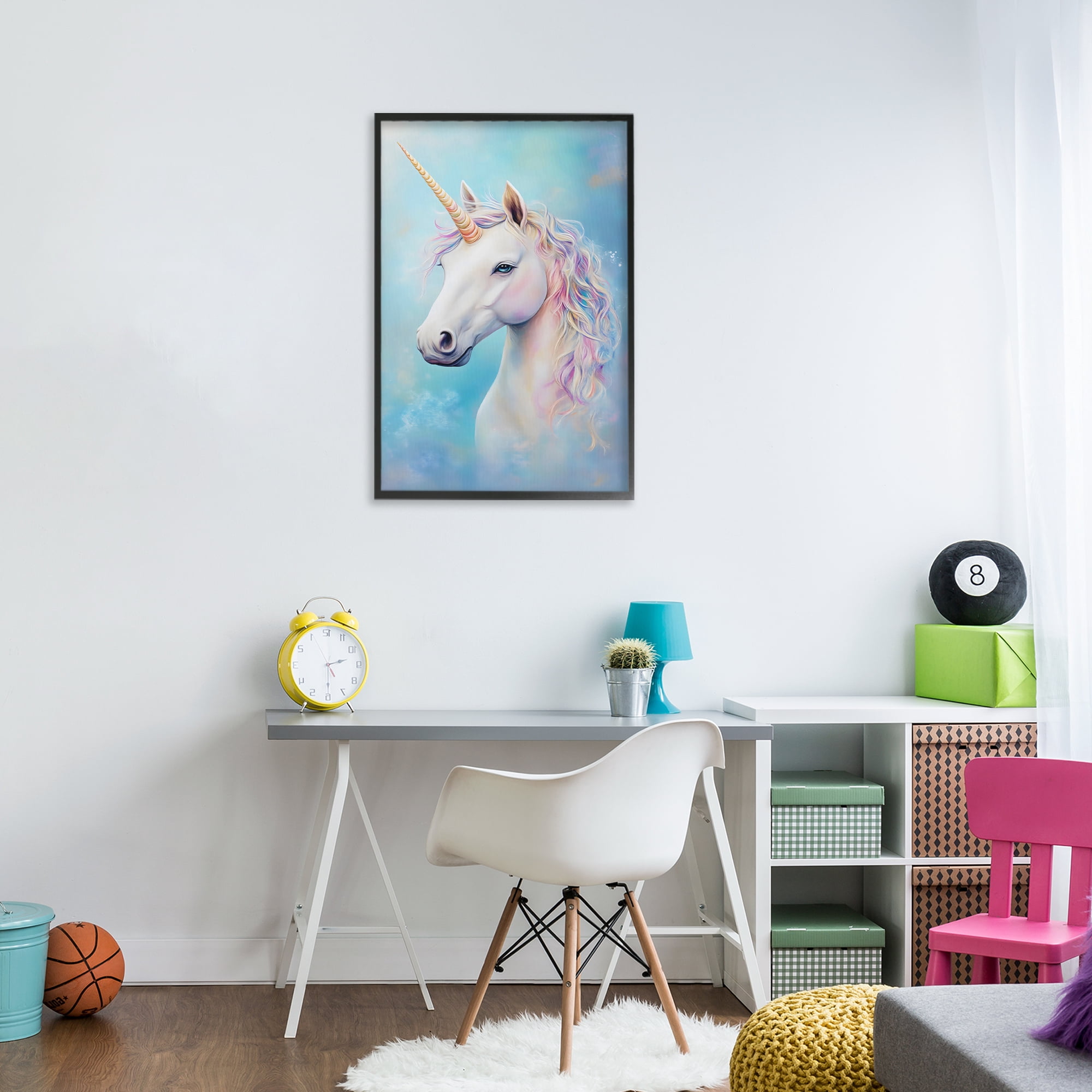 Stupell Industries White Unicorn on Blue Black Framed Giclee Art, design by Creative Studio