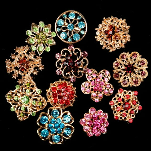 HOOUN 24pc Brooch Lot Mixed Alloy Rhinestone Pearl Pin Wedding Crystal Bouquet DIY Kit-12Pcs Color-S
