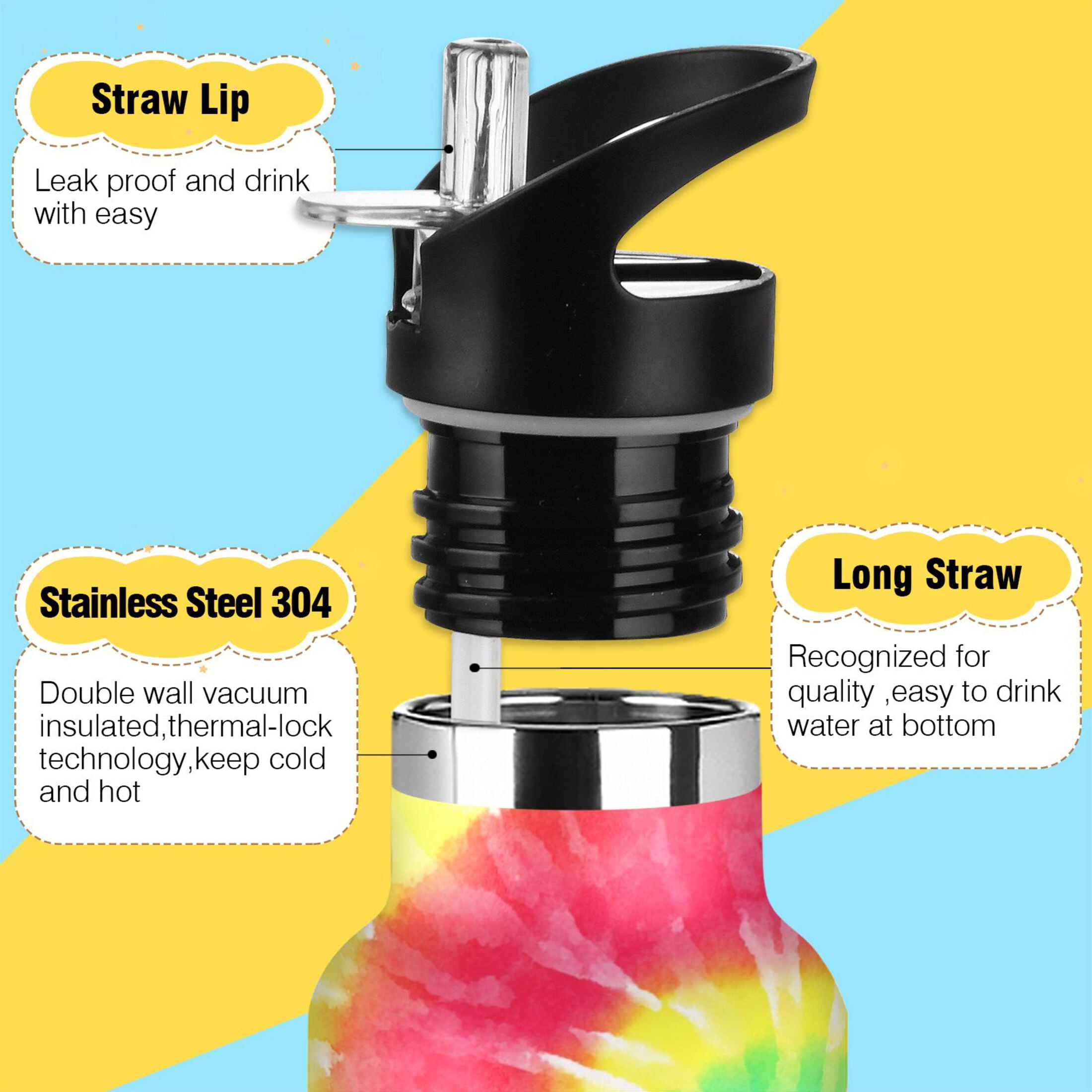 Kids Insulated Stainless Steel Sports Water Bottle 600ml (20oz) Tie-dyed Colorful Spiral Pattern
