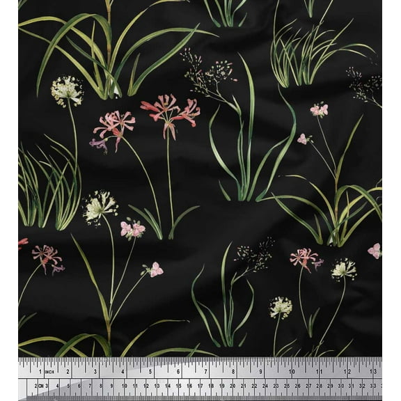 Soimoi Black Cotton Duck Fabric Grass,Wildflower & Floral Fabric Prints By Yard 42 Inch Wide