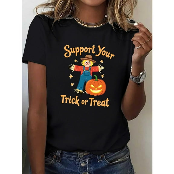 Halloween Womens Trick Treat Graphic Tee T Shirt Tops Comfortable Short Sleeve Round Neck Black S-5XL