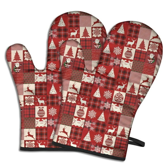 Cute Oven Mitts,Red Christmas Patchwork Pattern Oven Mitt 2-Pack Set,Kitchen Gloves for Oven,Heat Resistant Oven Mitts 7.7"x12"