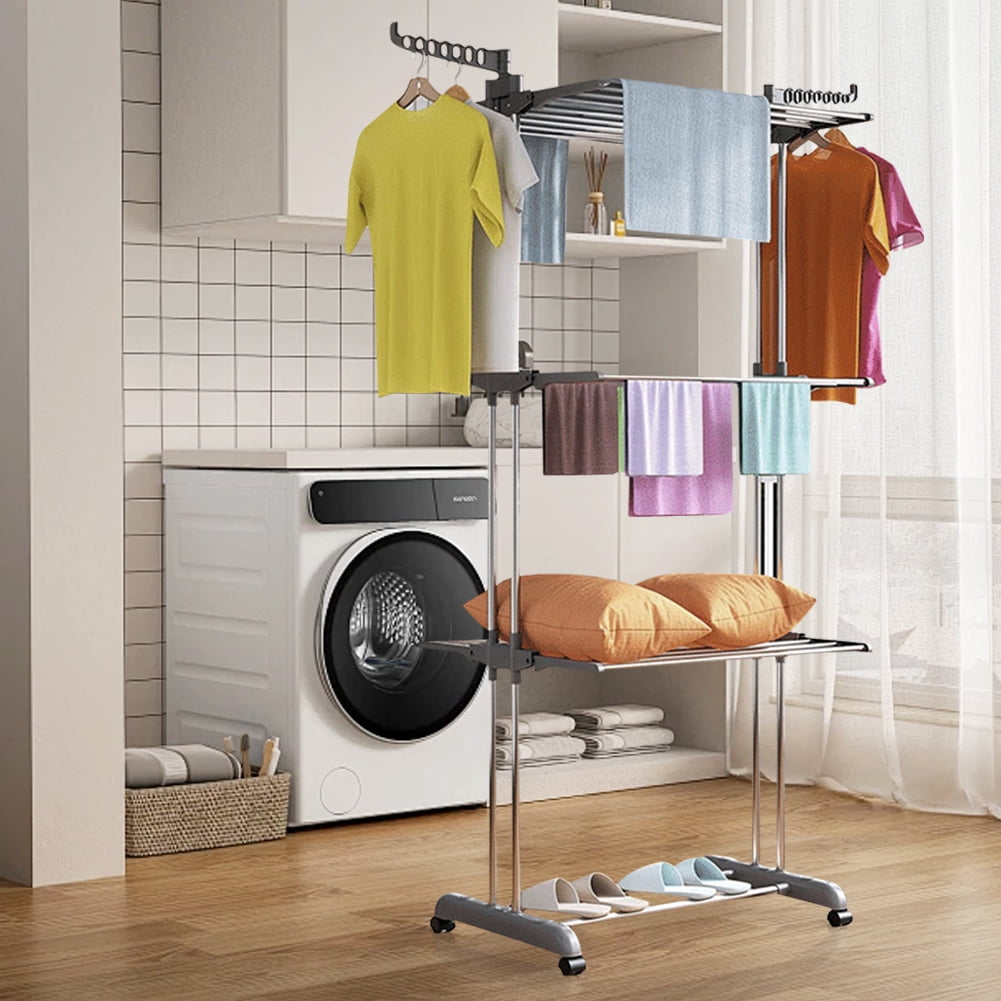 4-Tier Clothes Drying Rack w/ Casters,  Clothes Dryer Hanger Stainless Steel Garment Laundry Racks Movable with Foldable  Indoor Outdoor Bedroom Balcony