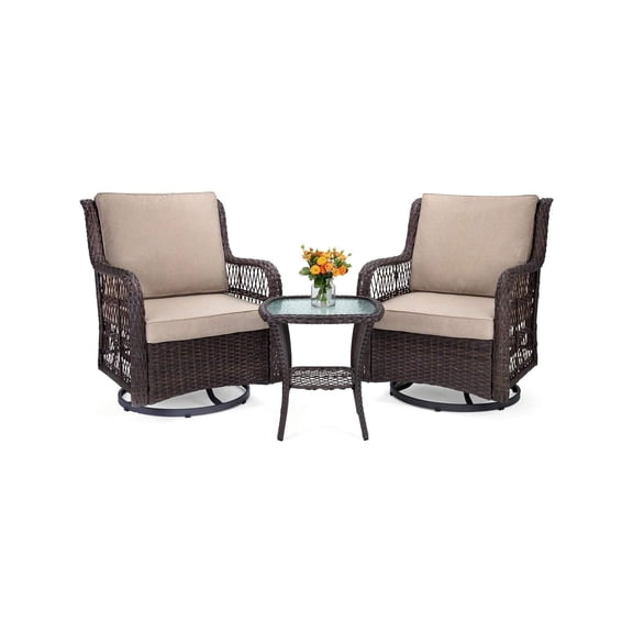 Eastvita 3 Pieces Rattan Swivel Rocking Chair Outdoor. 360 Degree Swivel Patio Bistro Conversation Furniture Set With Premium Cushions And Armored Glass Top Side Table For Garden. Backyard