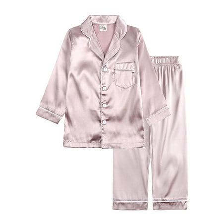 

Toddler Boys Girls Silk Satin Pajamas Long-Sleeved Trousers Button Pajamas Suit V-Neck Style 2-Piece Set for 9M-12T