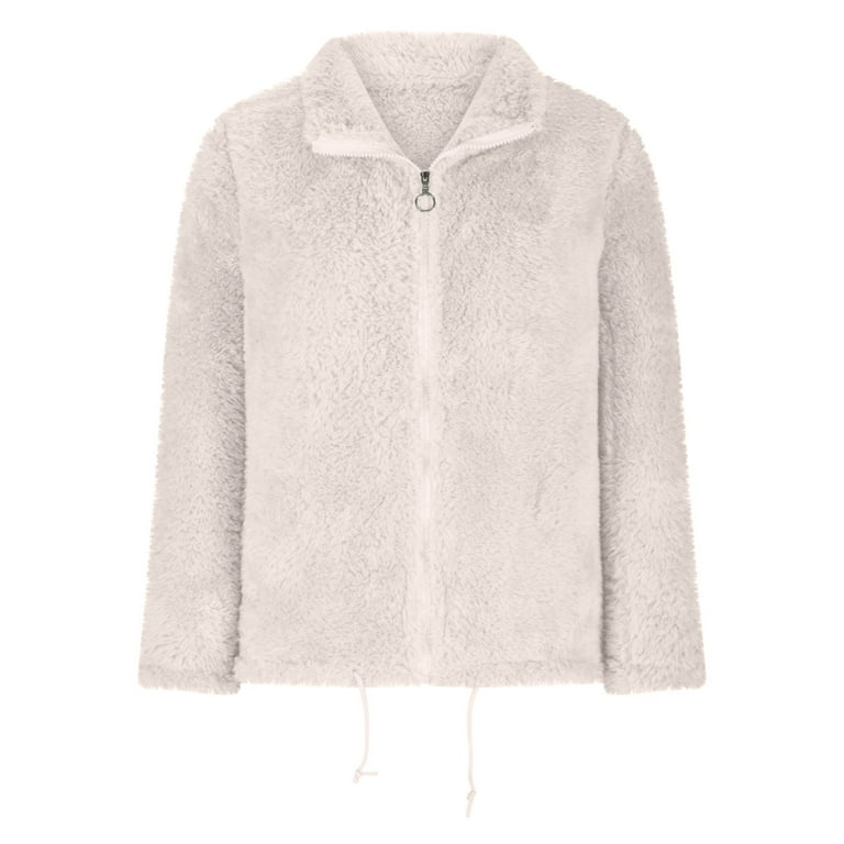 Hfyihgf Plus Size Women's Sherpa Fleece Jacket Faux Fuzzy Long Sleeve  Casual Zip Up Laple Soft Warm Coat（White,L) 