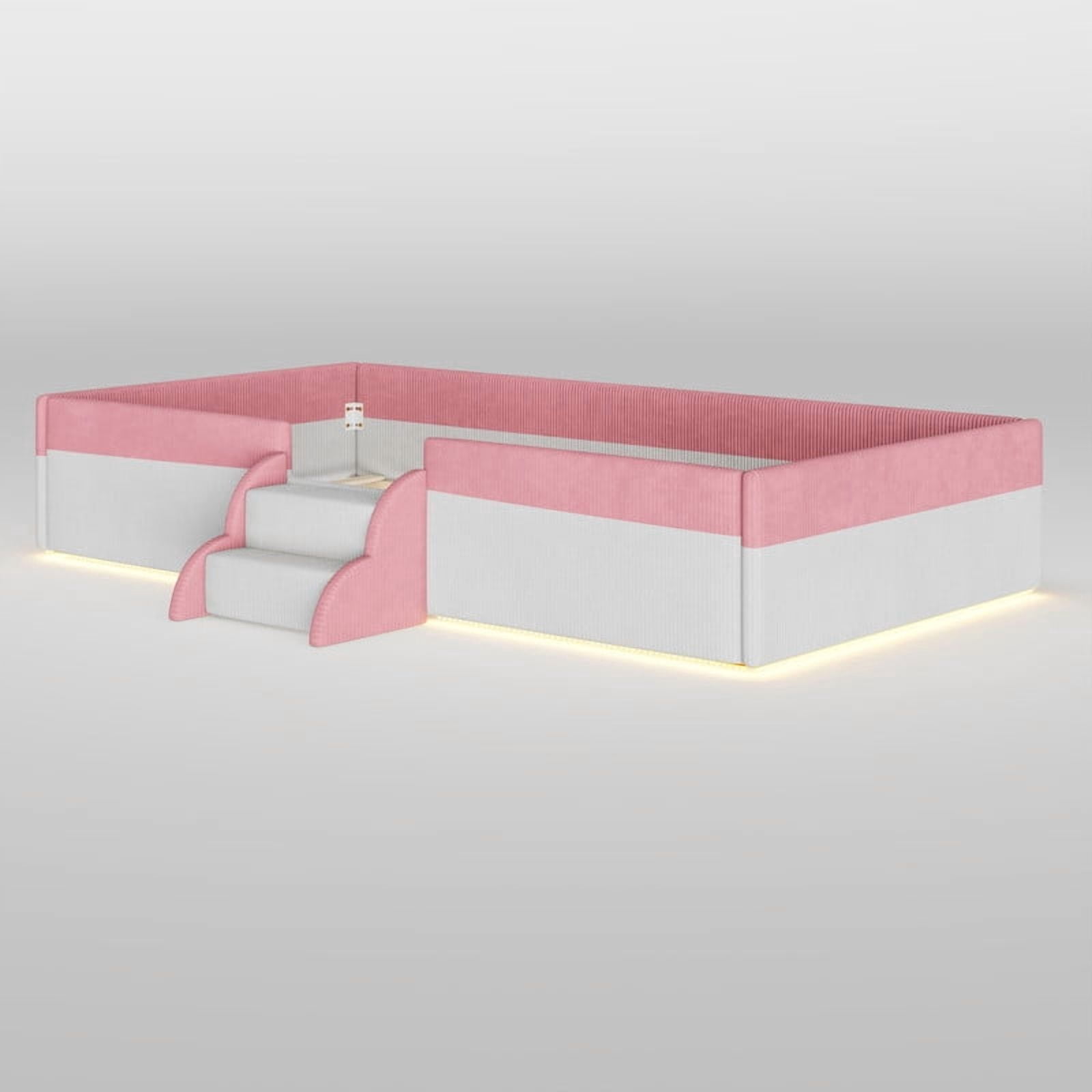 Twin Size Upholstered Floor Bed with Fence, 2-Tier Steps and Smart LED Lights, Corduroy Toddler Bed Platform Bed Frame with Guardrails and Wood Slats