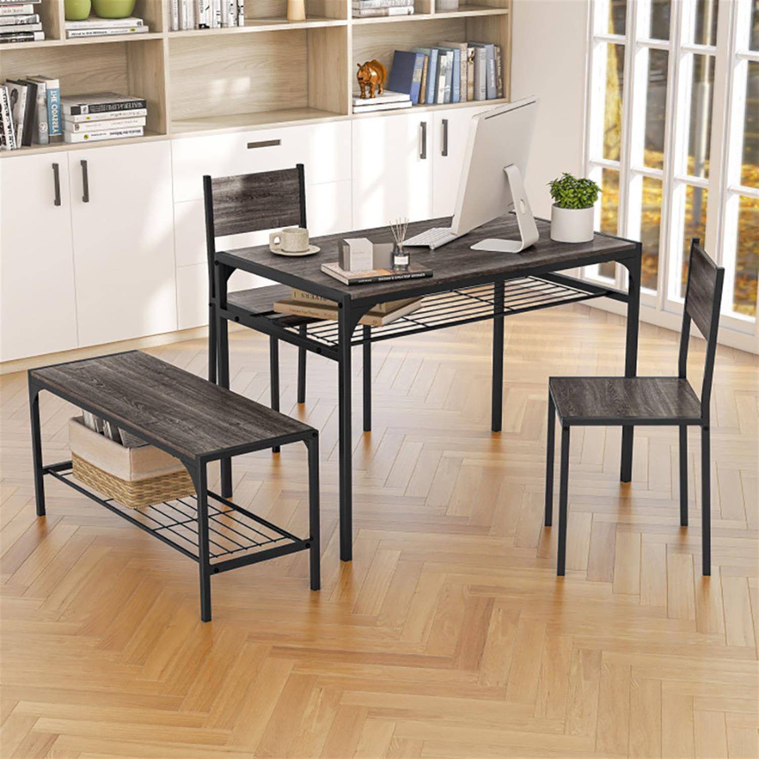 Demi Bonn 4-Piece Dining Table Set with Bench and 2 Chairs, 43"dustrial Kitchen Table with Metal Frame and Storage Rack, Perfect for Small Space, Gray