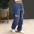 thumbnail image 6 of Women's High Waist Wide Leg Ripped Jeans Pockets Cut Out Distressed Holes Full Length Trouser Denim Pants S-XXL (L, Dark Blue), 6 of 6