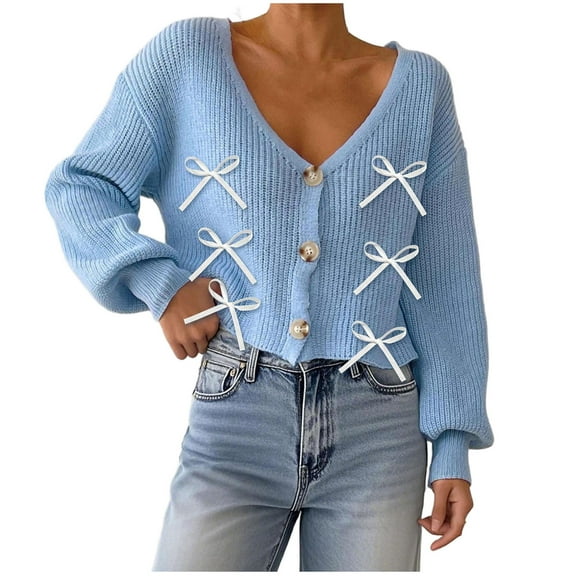 hoksml Women's Solid Color Buttons Knit Cardigan Bow Decorative Deep V-Neck Short Sweater Cover-Up Casual Lightweight Button-Up Top