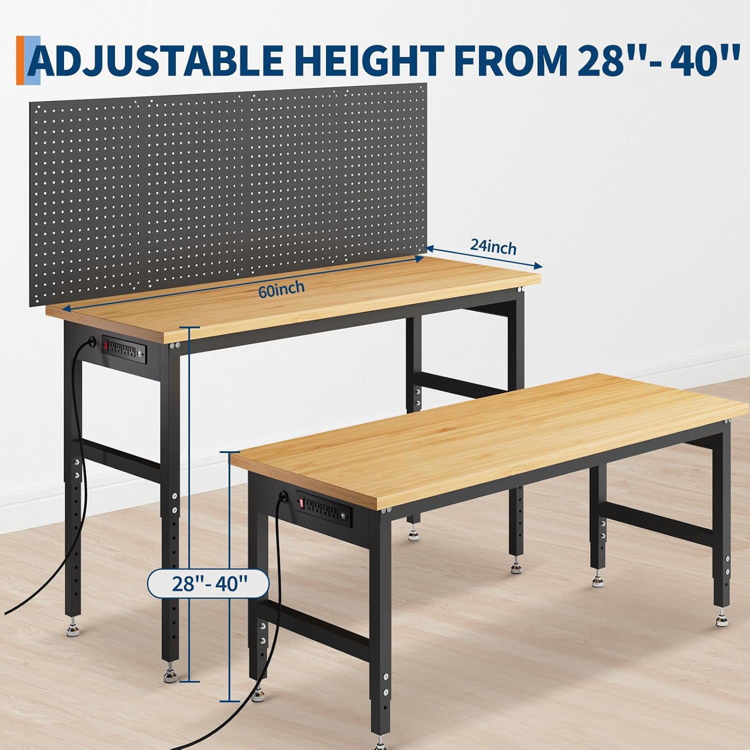 60" Heavy Duty Work Bench,Adjustable Height 28"-40" Max Load 2200 LBS with Storage for Garage Workbench,with Pegboard for Woodworking Shop Garage Home DIY Projects