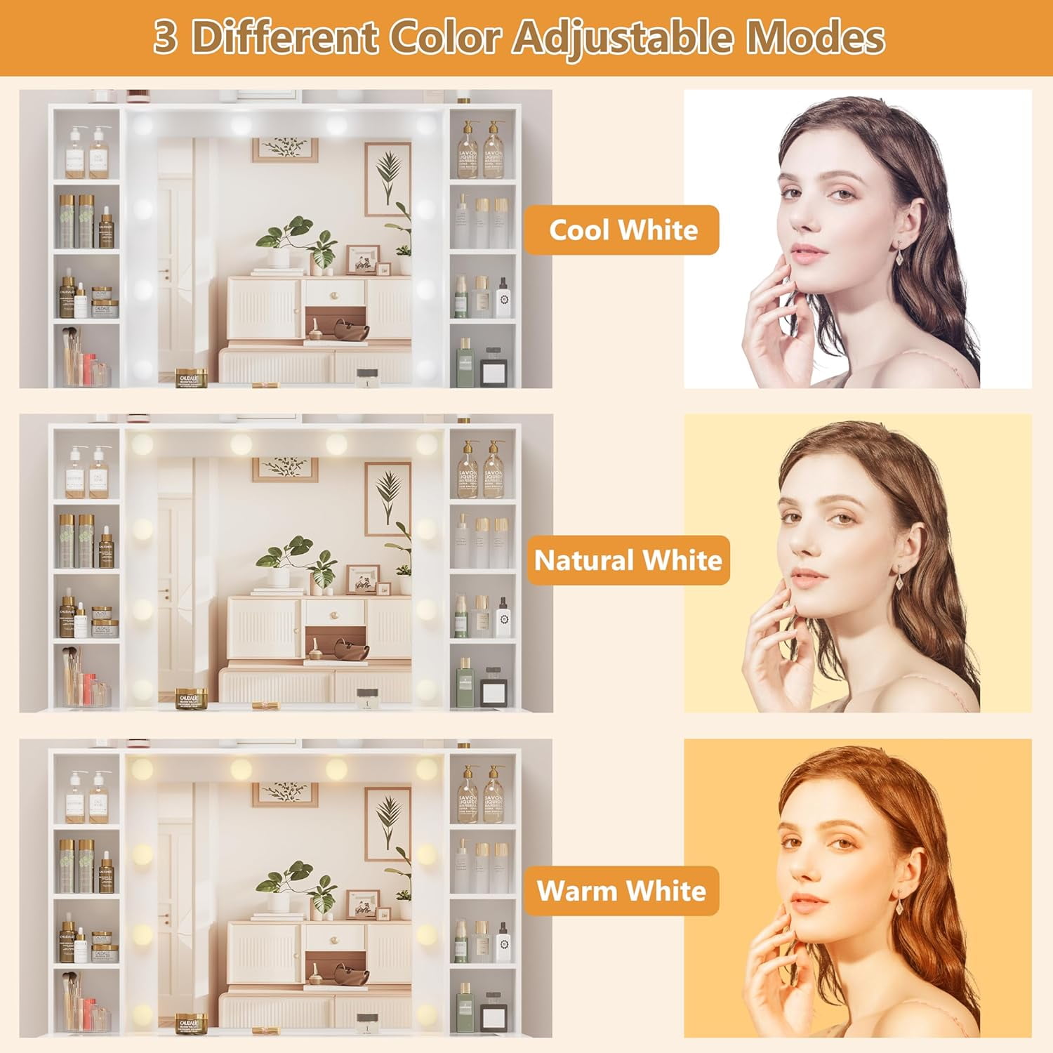 Vanity Desk with Mirror and Lights, Glass Top Vanity with Lighted Mirror & RGB Glass Cabinet and 3 Drawers, Makeup Vanity Desk with Lights Dressing Table for Bedroom, 3 Color Modes
