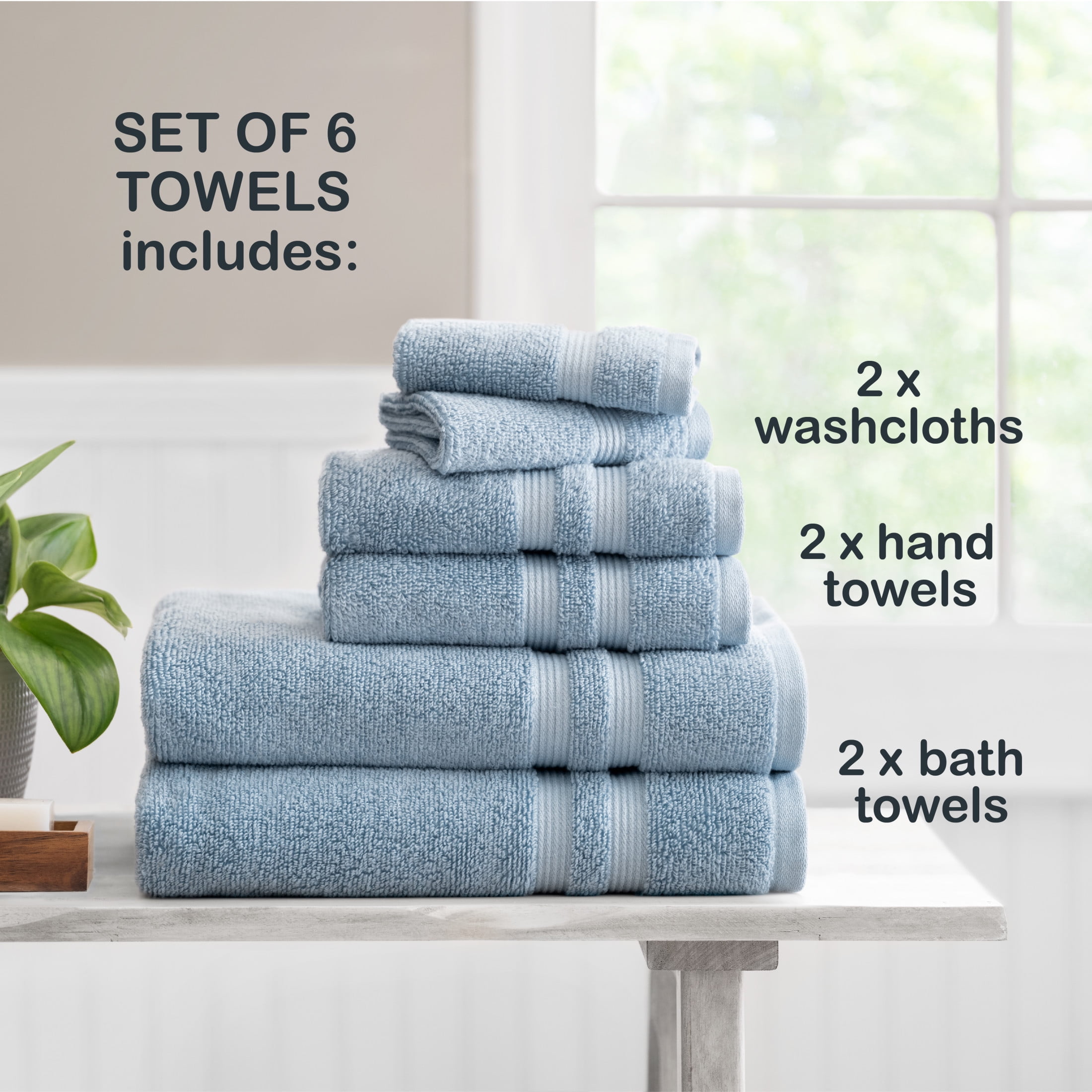Mainstays Performance Cotton 6-Piece Bath Towel Set, Super Soft Quick Dry Fade Resistant, Solid Blue