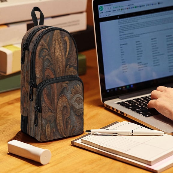 Backpack Pencil Case, 3 Compartment Large Capacity Oxford Fabric Pencil Pouch / Vintage Leather Scrolls