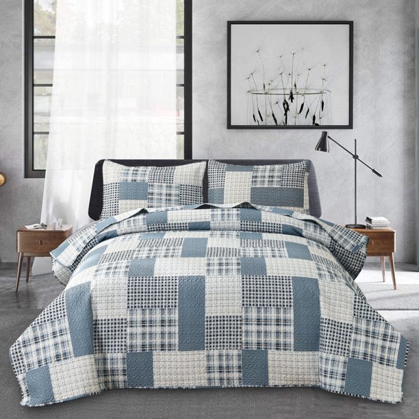 Jessy Home Patchwork Bedspread Queen/Full Size Gray White Blue Plaid