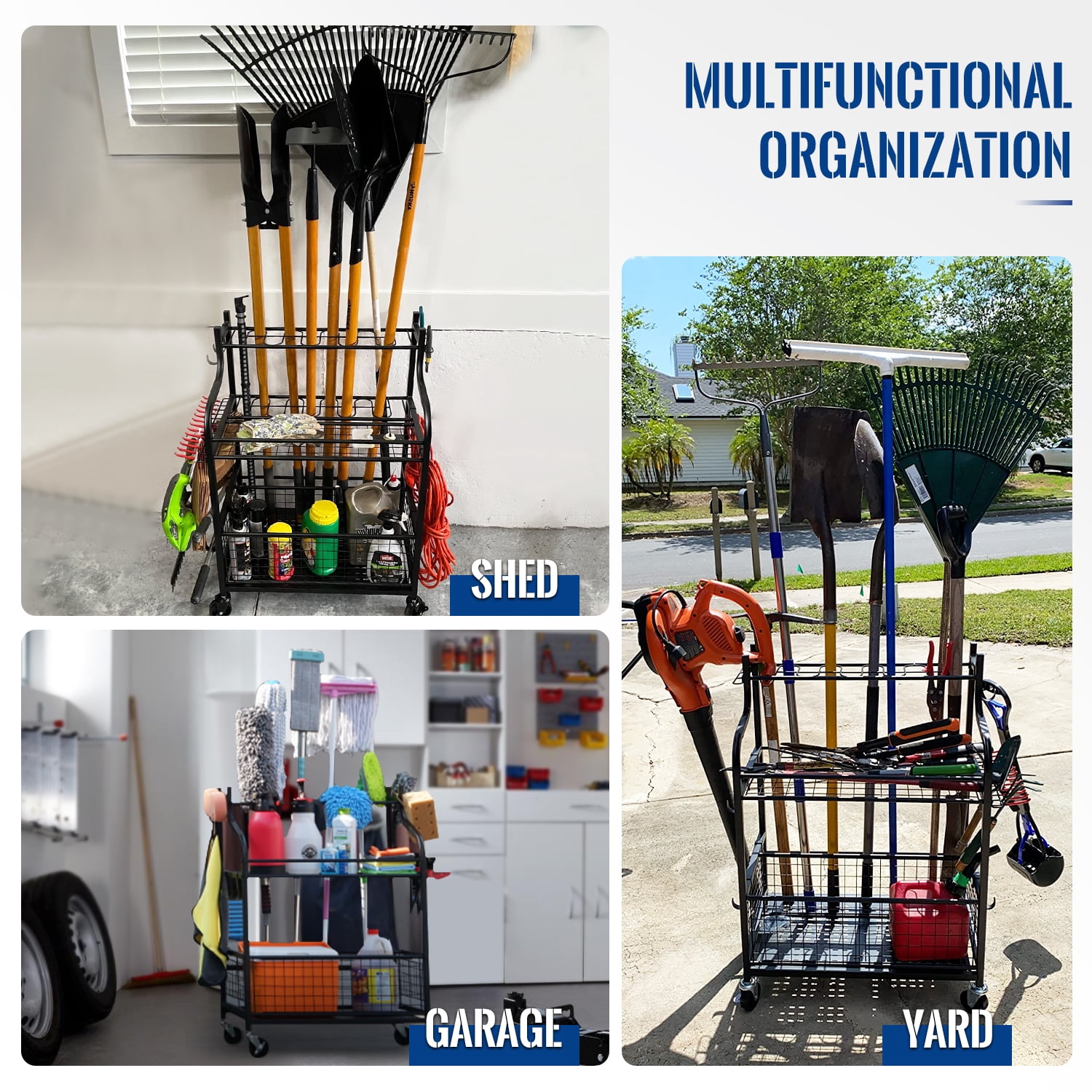 Mythinglogic Gardening Tool Organizer with Wheels, Outdoor Lawn Rack Holder, Alloy Steel, Black