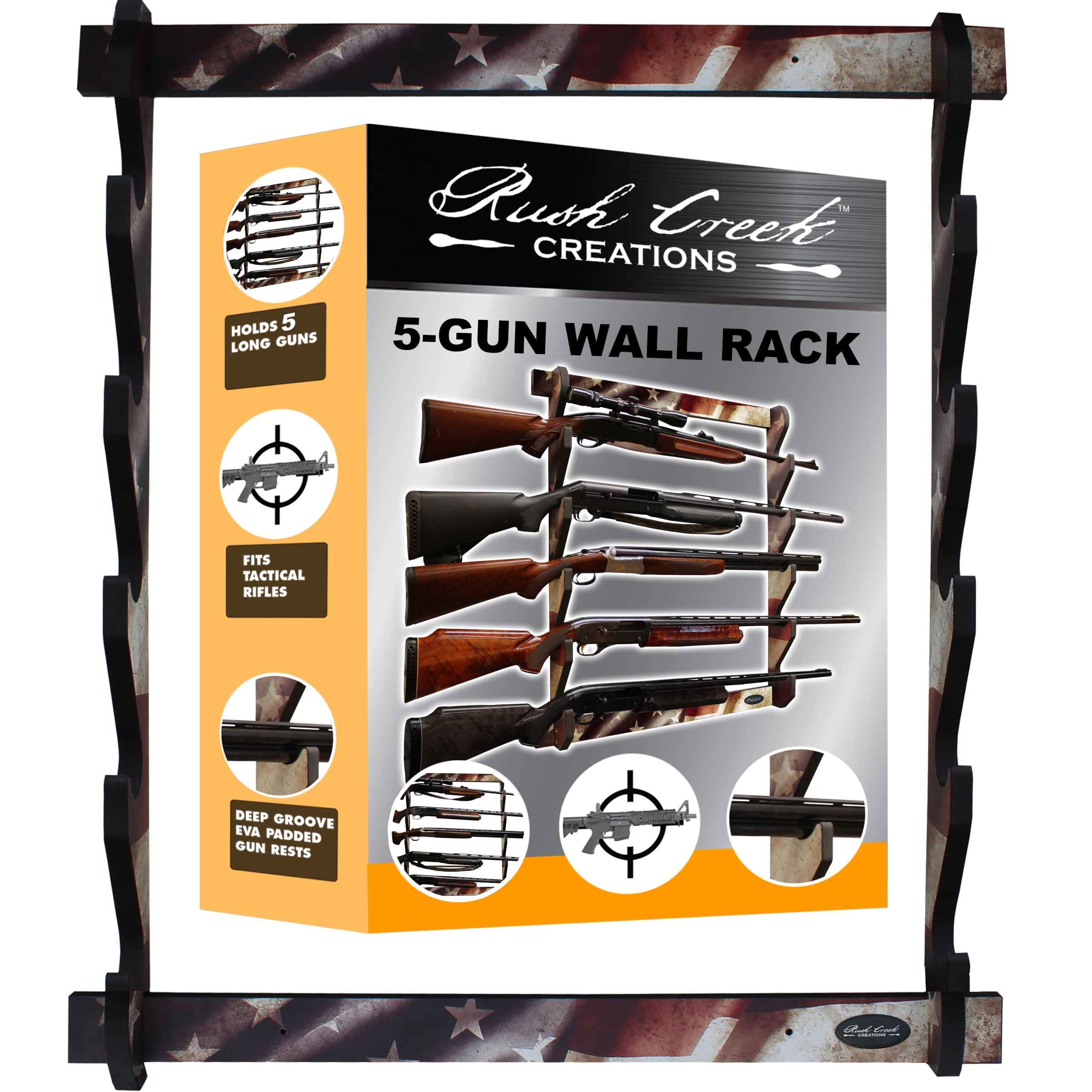 Rush Creek Creations 5-Gun Wall Rack Americana Secure Mount for Shotguns and Rifles
