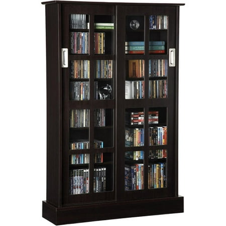 Atlantic 49" Windowpane Media Storage Cabinet Bookshelf with Sliding Glass Doors (576 CDs, 192 DVDs, 215 BluRays), Espresso