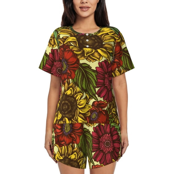 Balery Sunflower Conjunto de Pijama para Mujer con Estampado, Dos Piezas de Manga Corta y Shorts, Ropa de Dormir Suave con Cuello Redondo y Bolsillos-Medium