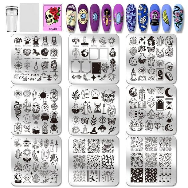9 placas de estampado de uñas con elementos mágicos, cartas del tarot, diseños de uñas, plantillas para manicura con diseño de luna y estrella, plantilla para uñas con diseño de bola