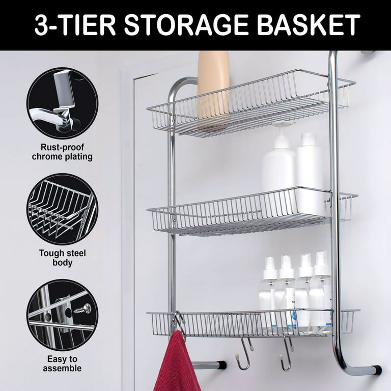 Juvale Metal Over The Door Hanging Organizer Rack for Pantry Bathroom Kitchen Cabinet with 3 Storage Baskets & Hooks, Up to 1.57 Thick
