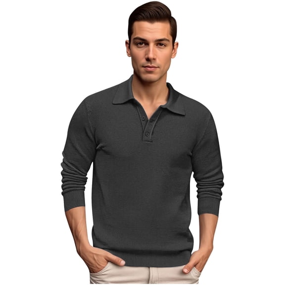 Mens Polo Shirts Long Sleeve Button Tees Shirt Lightweight Grey Men's Tops
