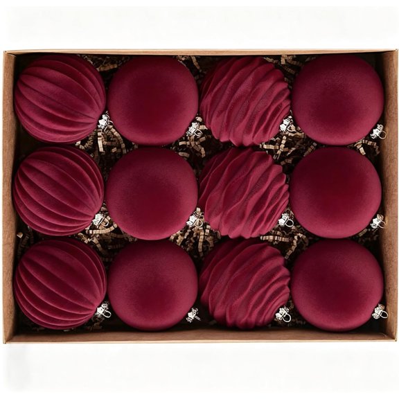 12Pcs Velvet Christmas Tree Ornaments, 2.4'' Burgundy Christmas Ornaments Set, Flocked Shatterproof Xmas Tree Balls Hanging Decorations Set for Holiday Party Home Decor
