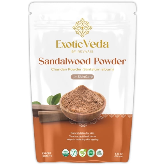 Exotic Veda Polvo de sándalo puro orgánico para cara y piel | Aroma natural de sándalo para el cuidado de la piel | Polvo Chandan antiinflamatorio | Polvo Aromático De Sándalo Orgánico | Polvo corpora