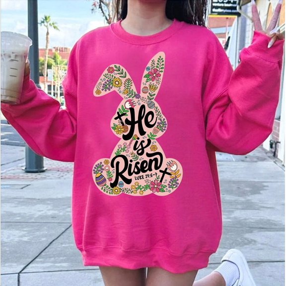 He is Risen Sweatshirt,Bunny Rabbit Matthew 28:6, Retro Easter Christian bible Spring Floral Easter