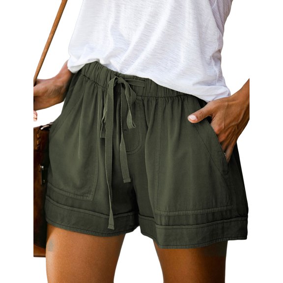 Lu's Chic Women's Casual Shorts Comfy Soft Beach Drawstring Pocketed Summer Pockets Lounge Solid Cotton Elastic Waist Print Waistband Green 3X-Large