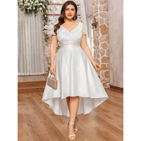 White V-Neck Lace Sequin Bodice Satin High-Low A-Line Evening Dress